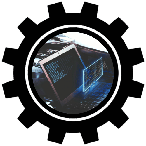 Gear icon framing a close-up of a laptop showing glowing blue code on its screen