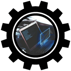 Gear icon framing a close-up of a laptop showing glowing blue code on its screen