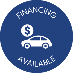 Blue circle with a white icon of a car and dollar sign, labeled “FINANCING AVAILABLE”