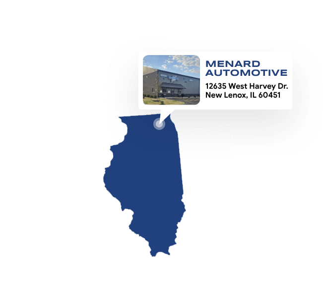 Blue Illinois silhouette with a map pin pointing to Menard Automotive, 12600 Old Plank Dr., New Lenox, IL 60451