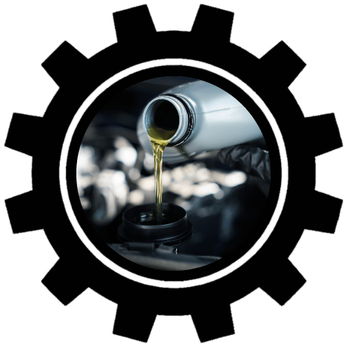 Gear icon framing a close-up of an oil bottle pouring oil 