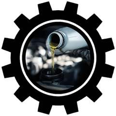Gear icon framing a close-up of an oil bottle pouring oil 