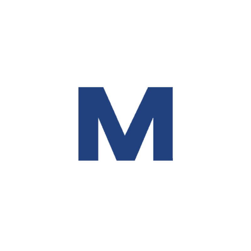Blue capital letter M inside a white gear