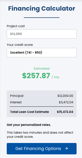 A screenshot of a website that says explore 0 % apr financing for your project