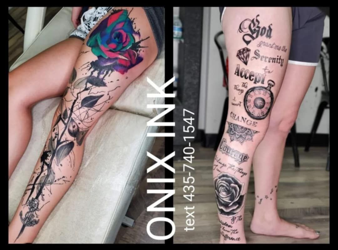 A woman has a tattoo on her leg that says god