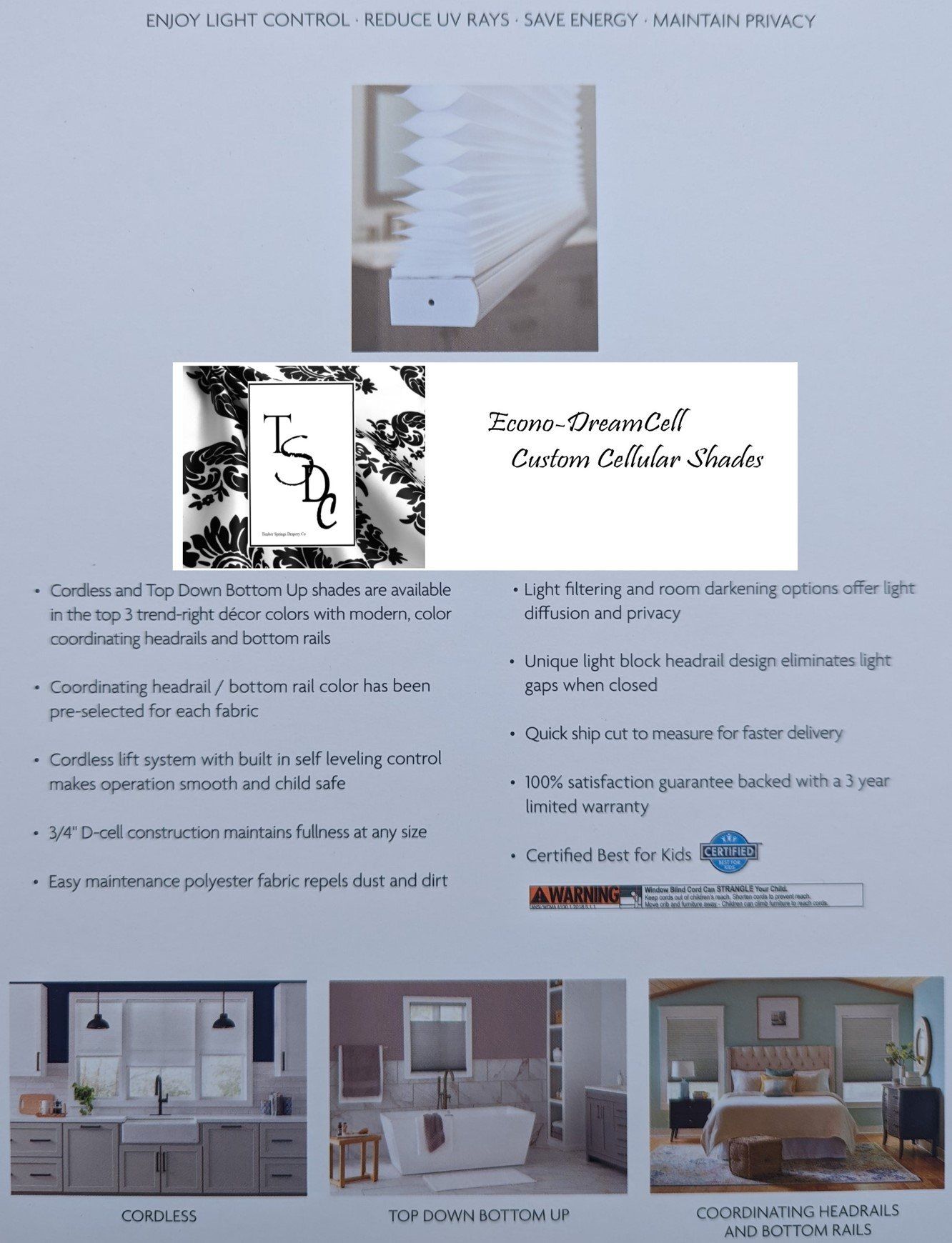 Brochure for cellular shades, featuring product shots, benefits, and installation images.