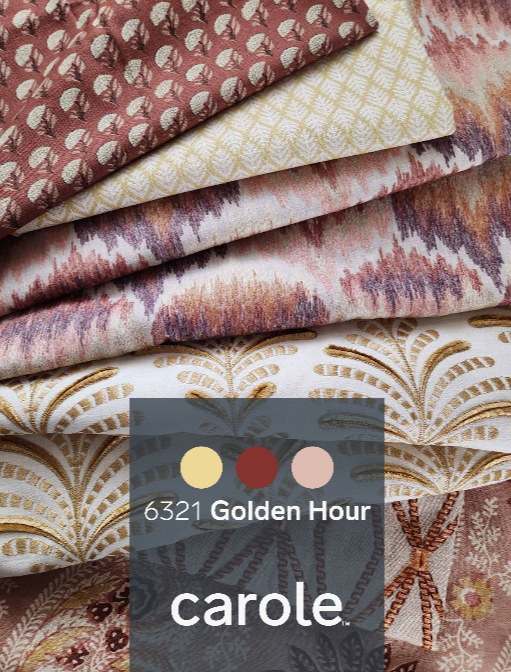Pile of patterned fabrics in golden, brown, and pink tones with a color palette labeled 