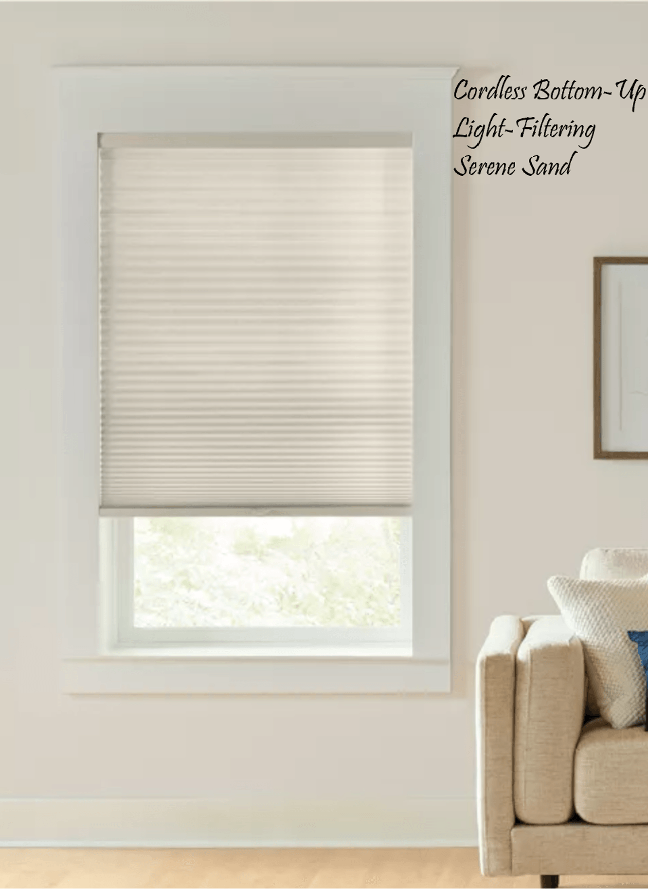 Window with beige cellular shades, neutral tones, and partial view of a couch.