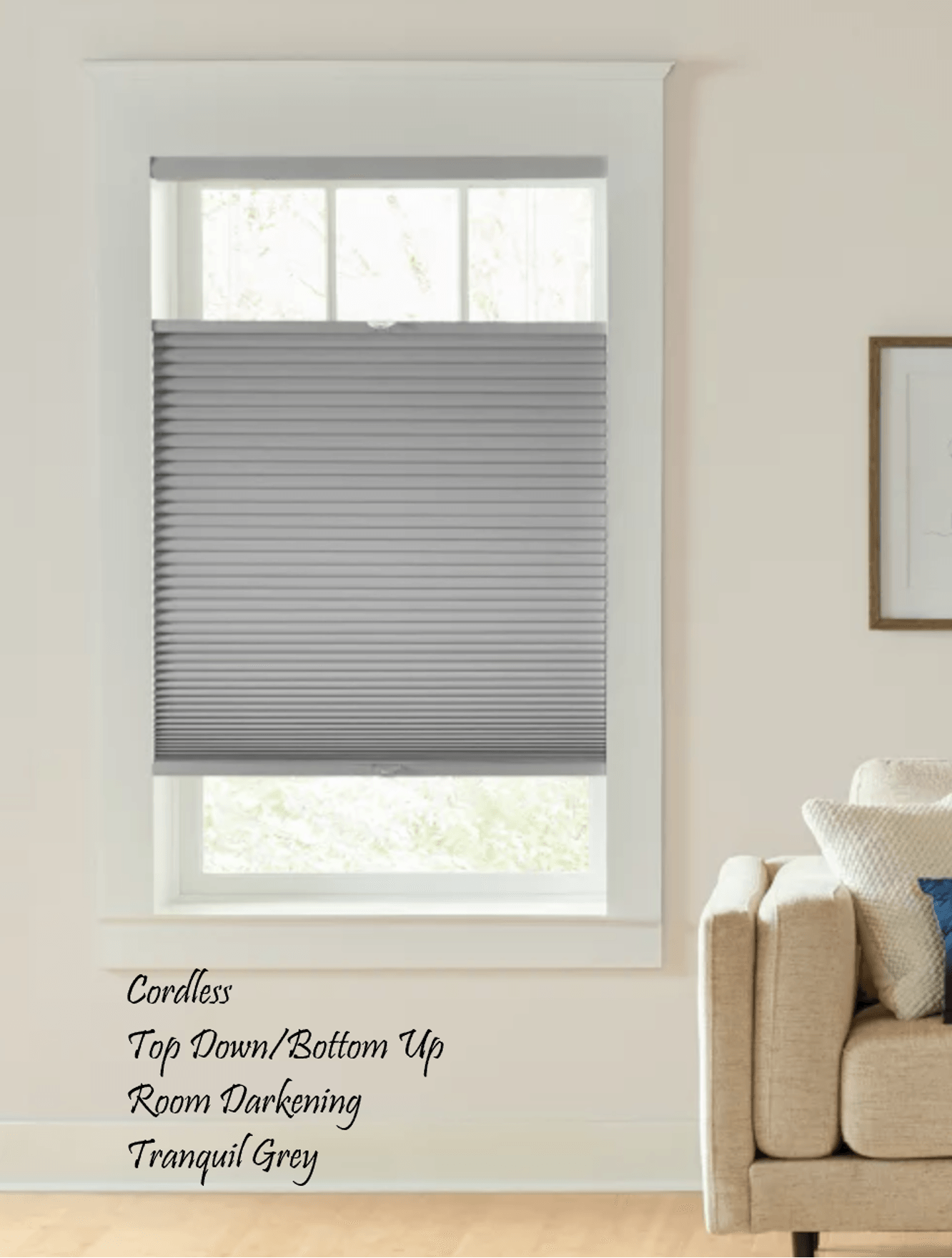 Window with gray top-down/bottom-up room darkening shades; sofa in soft-lit room.