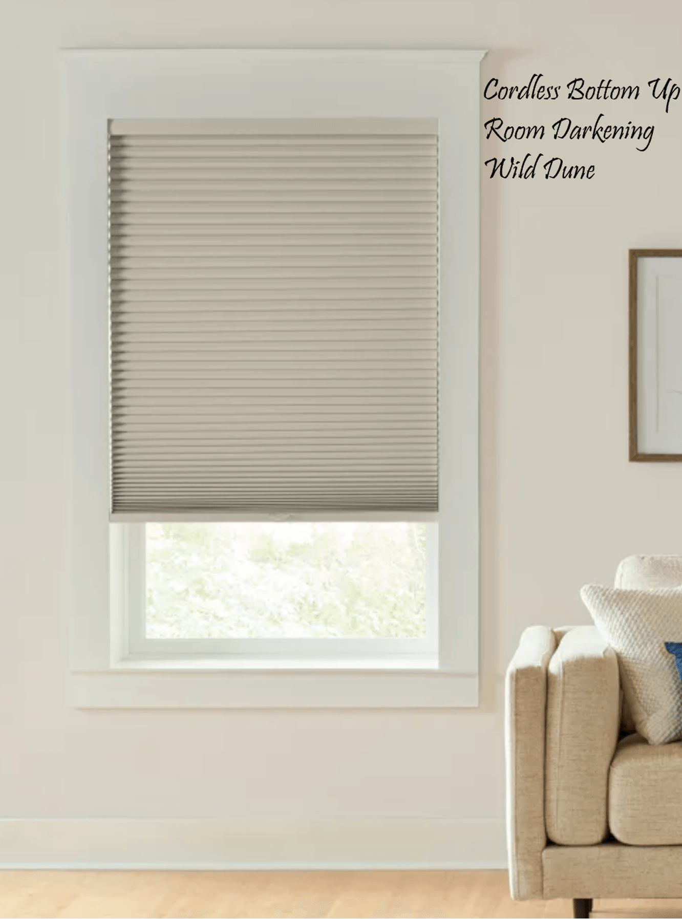 Window with beige pleated blinds; off-white frame and wall. A sofa is partially visible.
