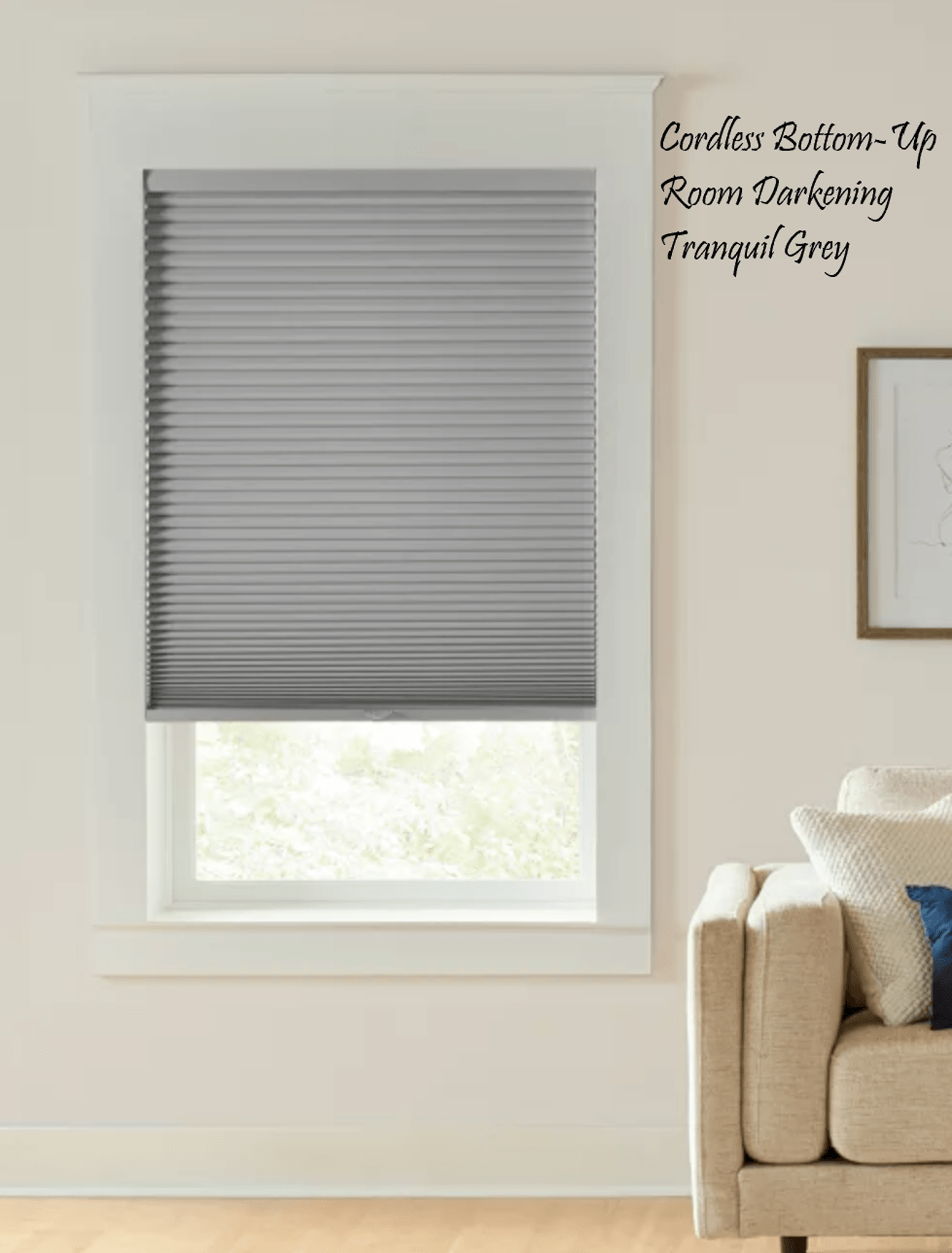 Gray cellular shade partially covers a window in a light-colored room with a tan sofa.