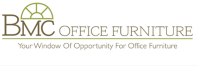 BMC Office Furniture logo with window icon, brown and green text. 