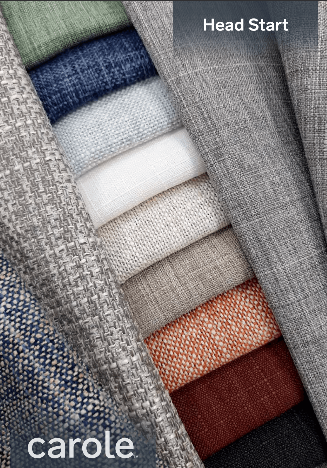 Fabric swatches in various colors: blue, white, brown, red, gray, green. 