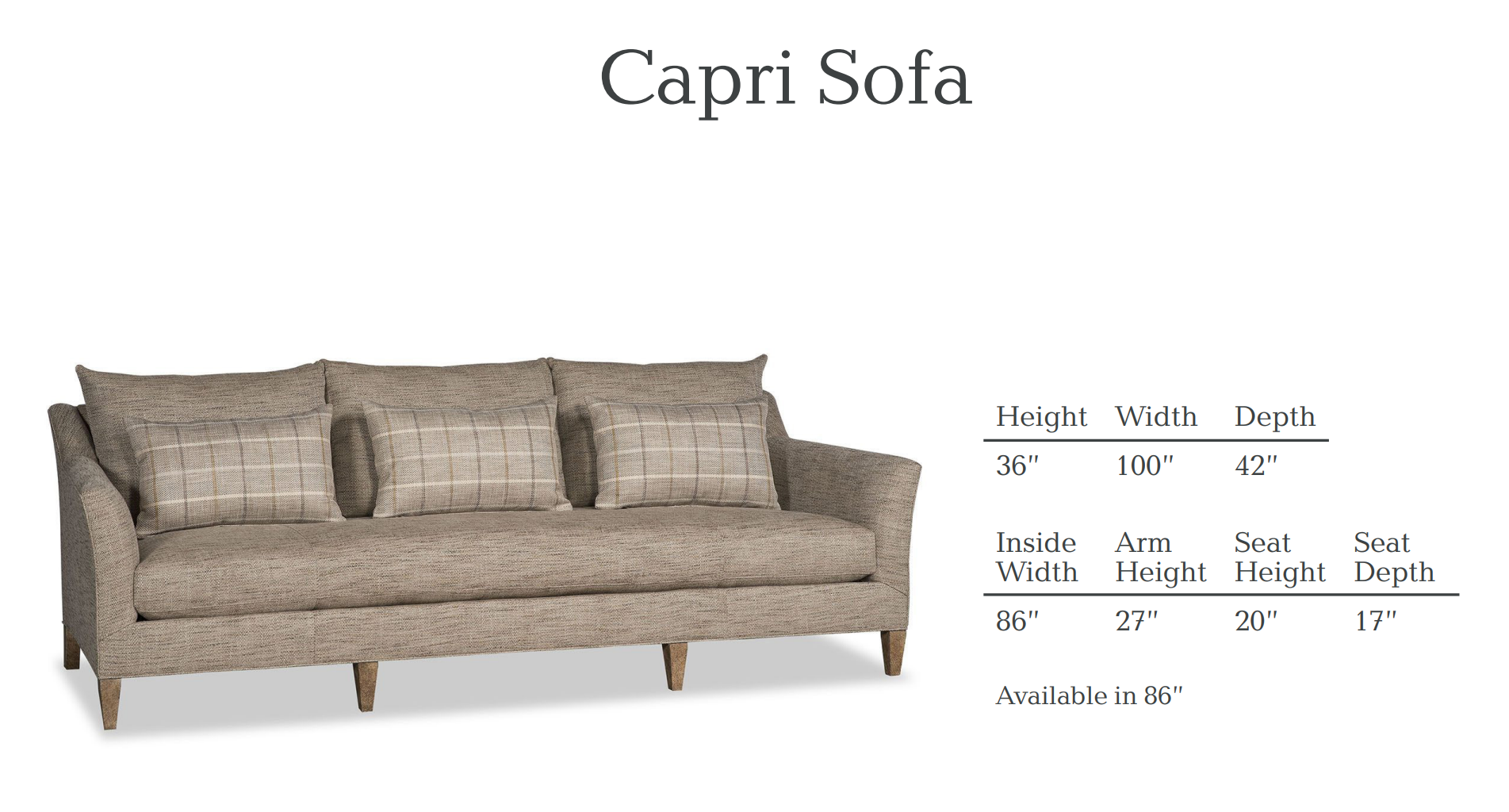 Capri sofa with dimensions listed. Light-colored, patterned fabric with three back cushions.