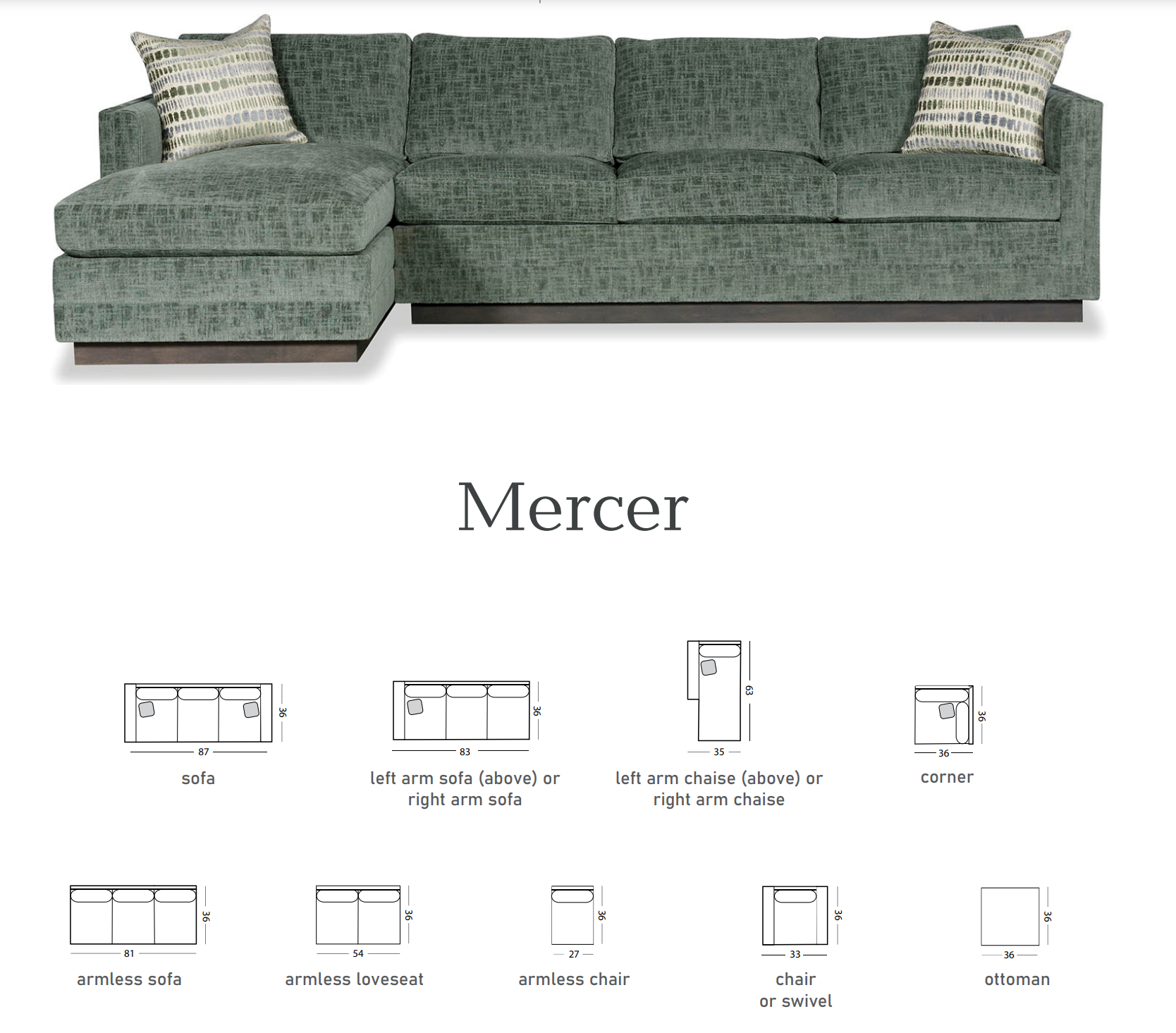 Green sectional sofa with two patterned throw pillows; product name is Mercer.