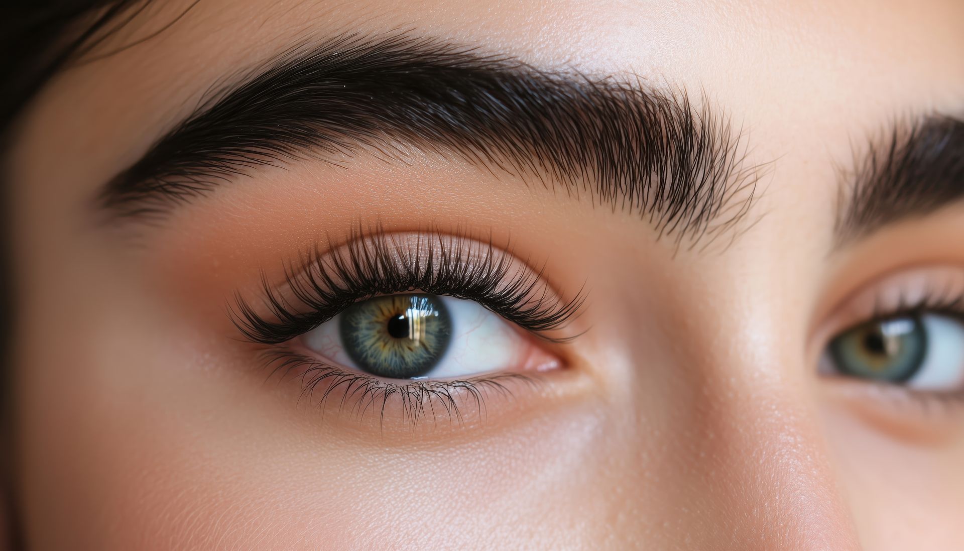 Nahaufnahme eines Auges mit dicken, dunklen Augenbrauen, langen Wimpern und türkisgrüner Iris.