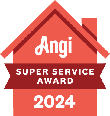 Angi Super Service Award 2024 badge. Red house outline with