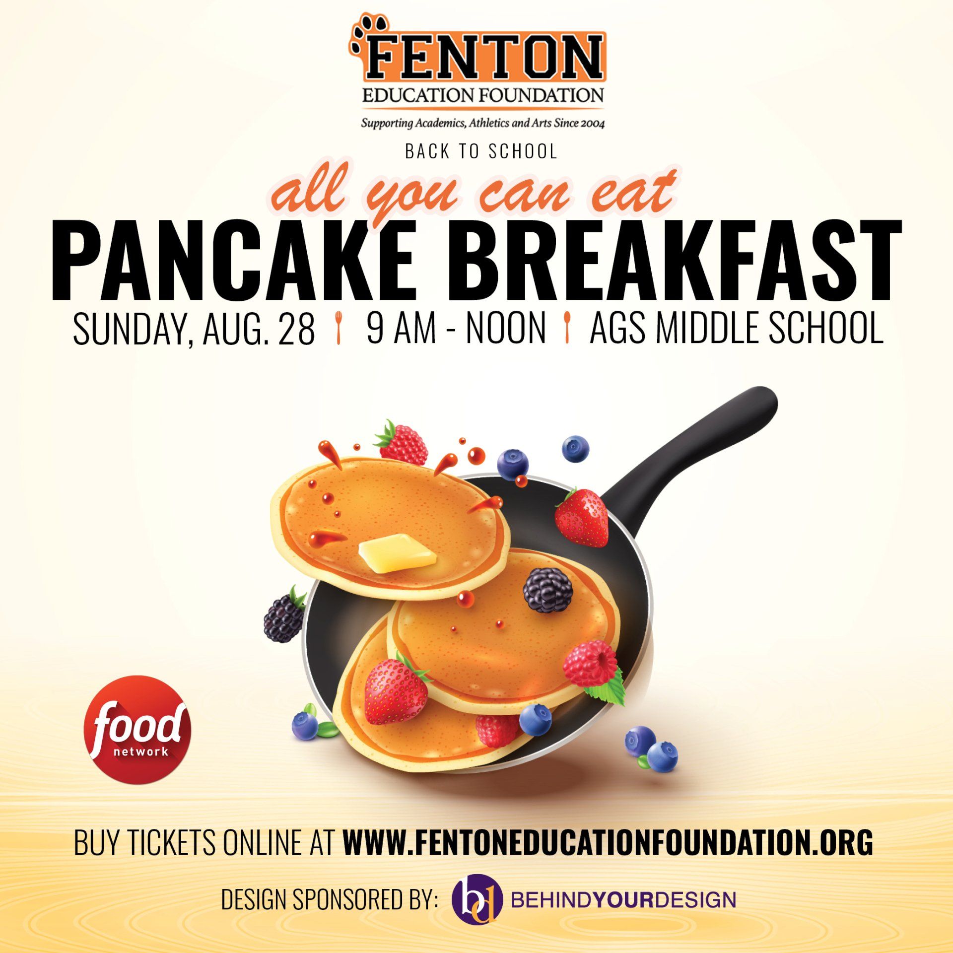 Fenton Education Foundation pancake breakfast flyer with pancakes in a skillet and event details