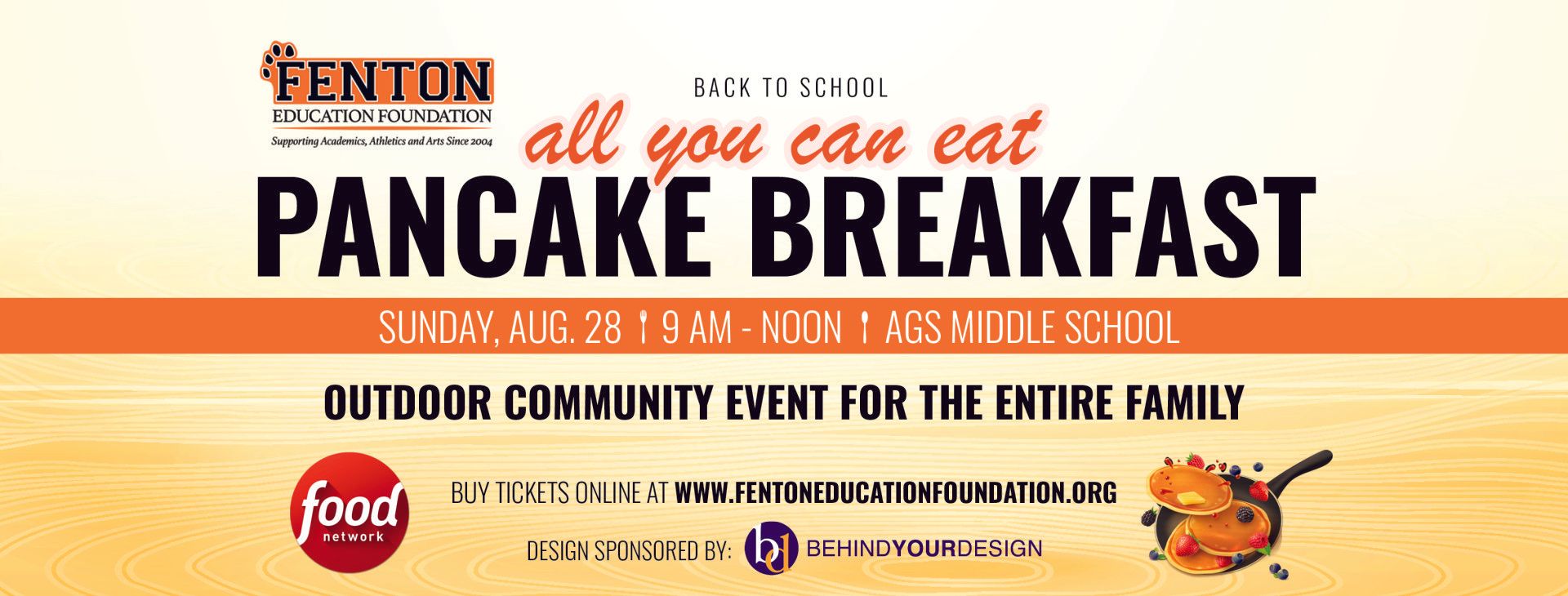 Fenton all-you-can-eat pancake breakfast flyer with orange and red banner, food icons, and event details