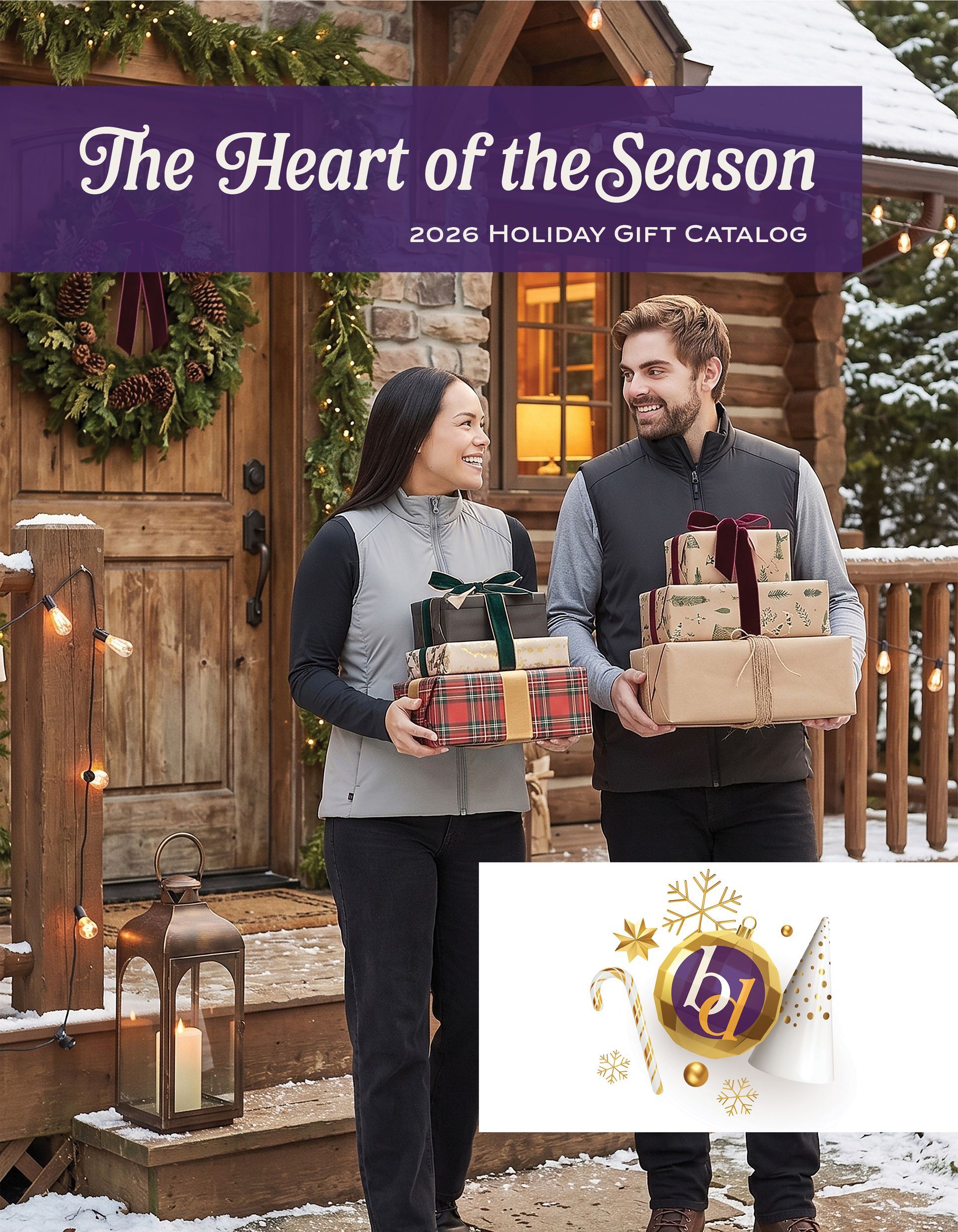 Holiday catalog cover with two people carrying gift baskets outside a cabin, titled “The Heart of the Season.”