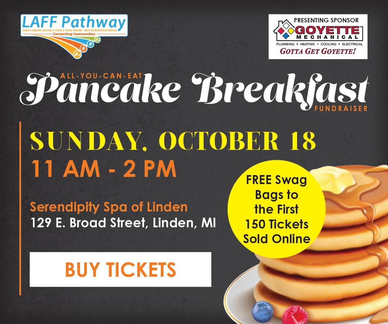 Pancake Breakfast fundraiser poster with date, time, location, tickets, and free swag details.