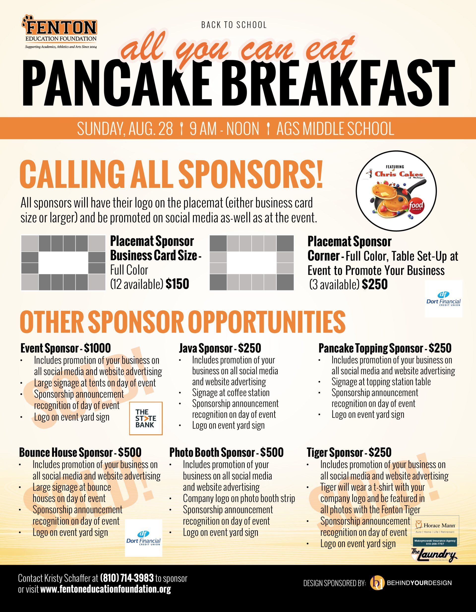 All-you-can-eat pancake breakfast fundraiser flyer with orange and black sponsor callouts