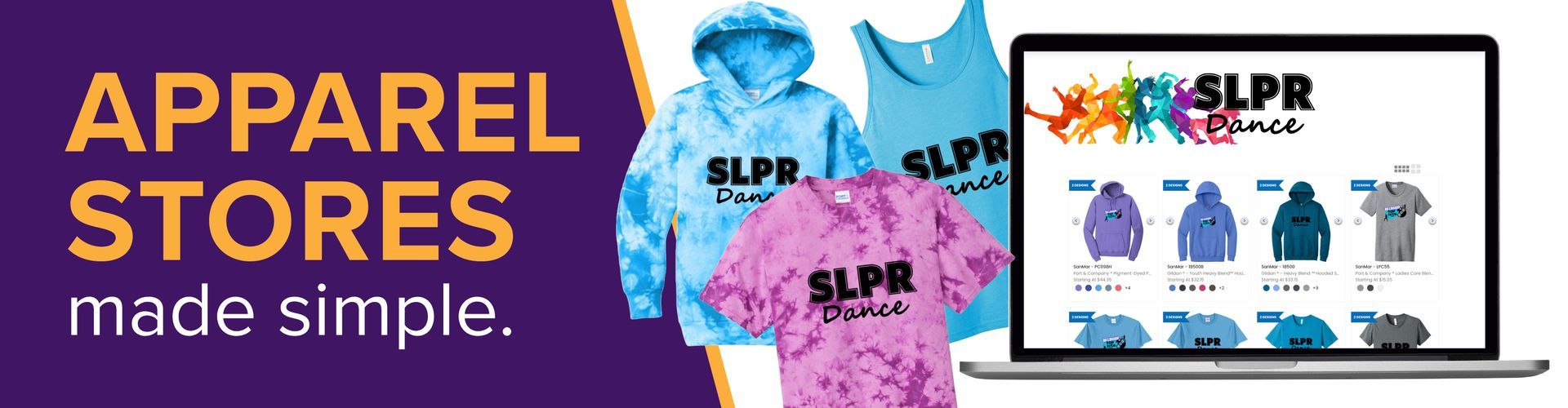 Apparel stores promotional banner with purple background, shirt mockups, and laptop displaying product designs