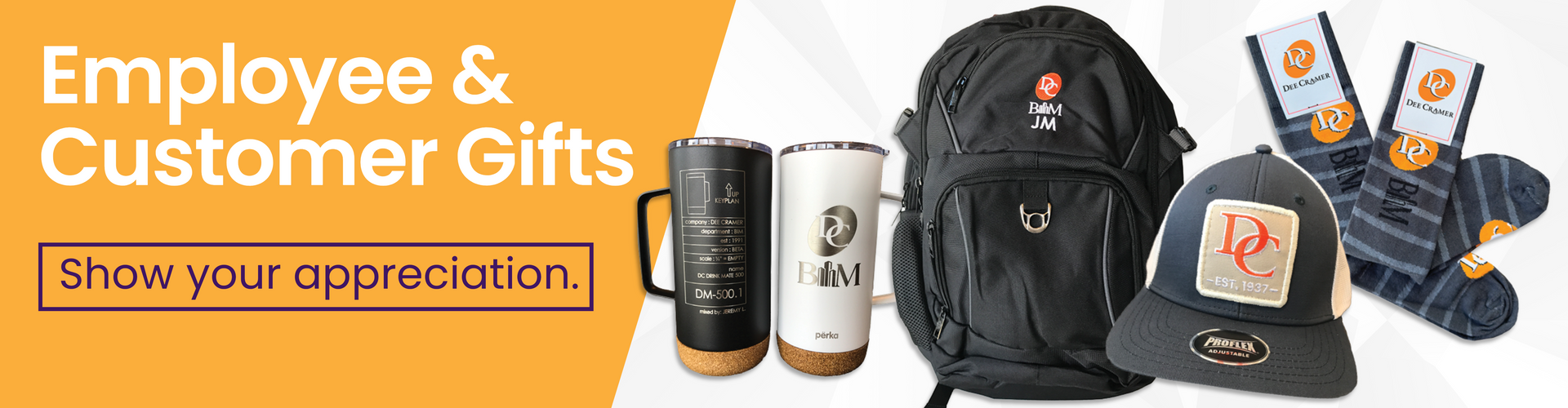 Employee and customer gifts banner with mugs, backpack, cap, socks, and “Show your appreciation” text