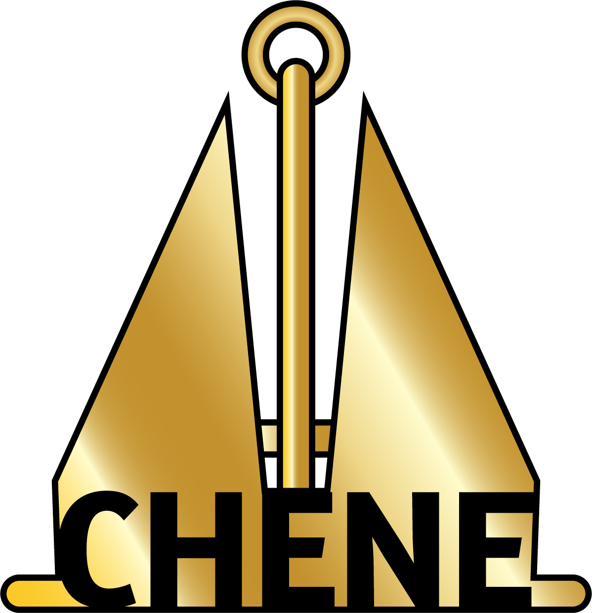 A gold anchor with the word chene below it