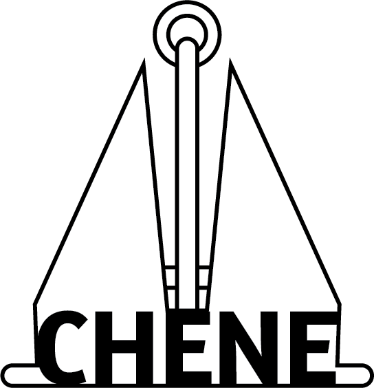 A black and white logo for chenel with a sailboat and anchor.