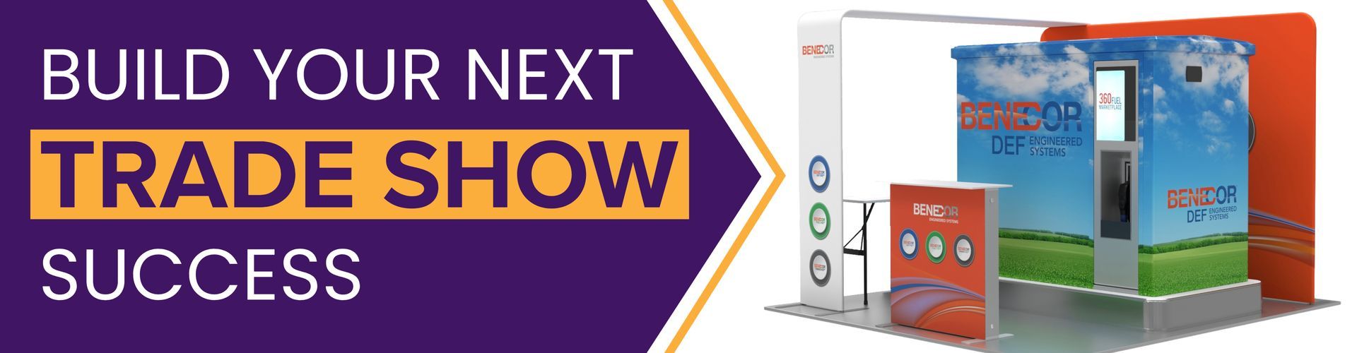 Trade show booth graphic with purple banner reading “Build Your Next Trade Show Success” and display examples on the right