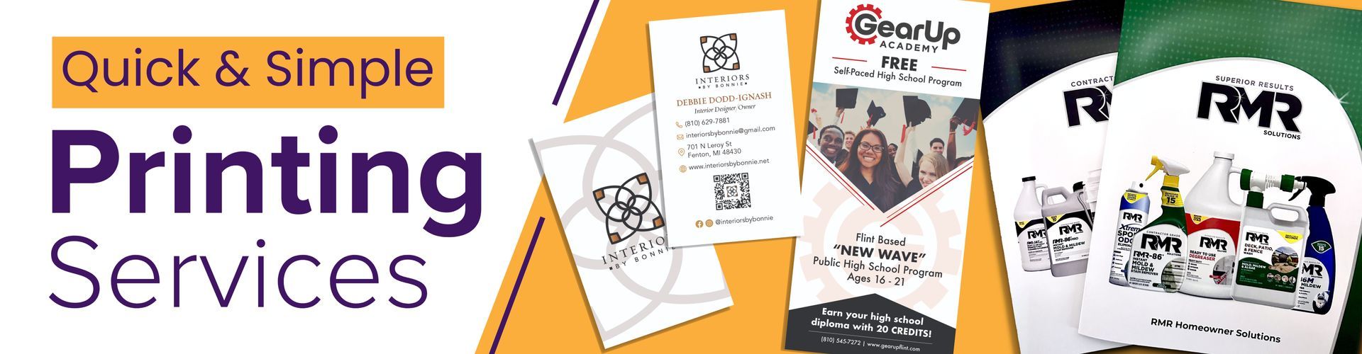 Banner for quick and simple printing services with flyers, brochures, and QR code in orange and white colors