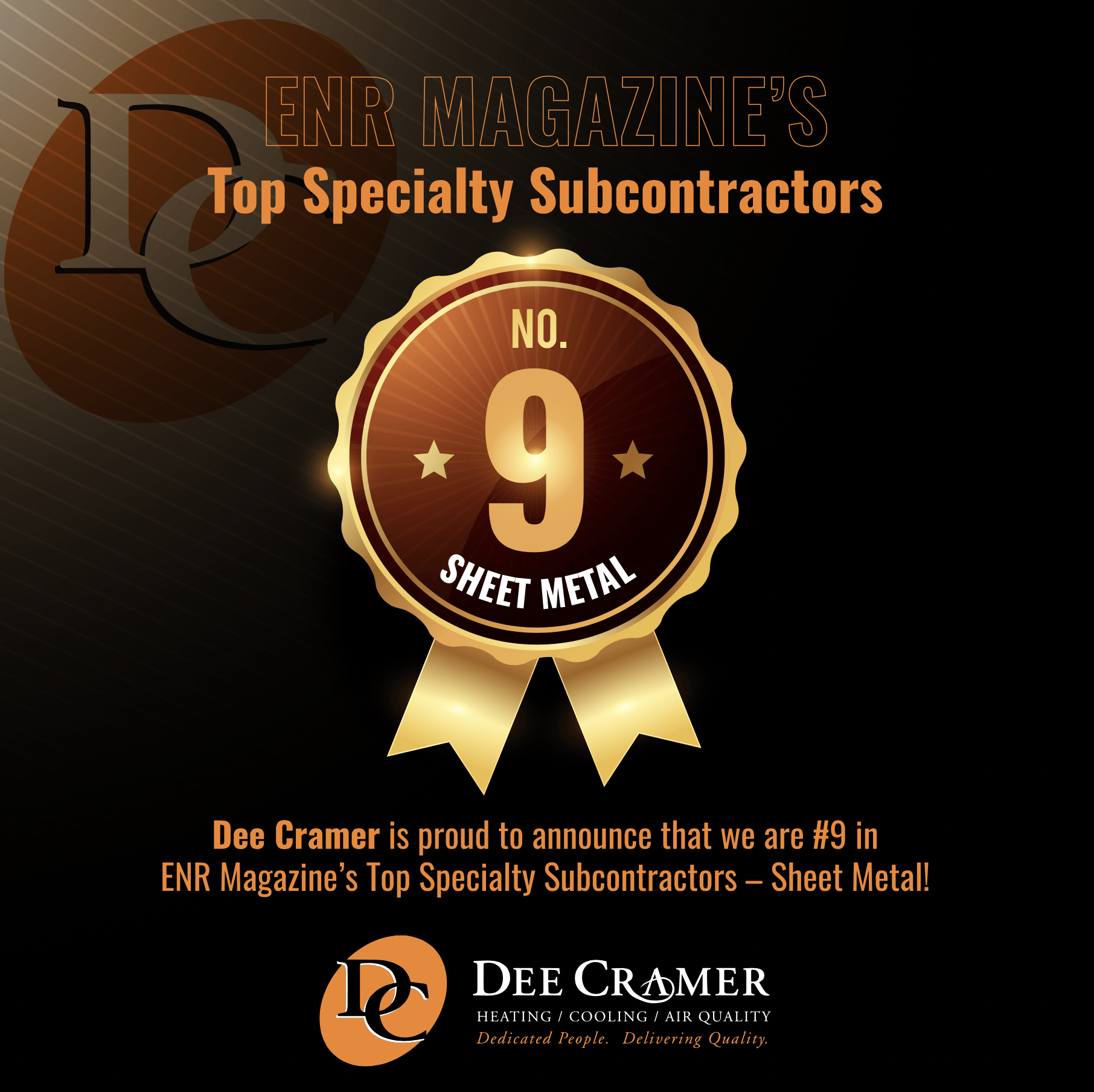 DEE Cramer named #9 in ENR Magazine’s Top Specialty Subcontractors for sheet metal, with gold award ribbon