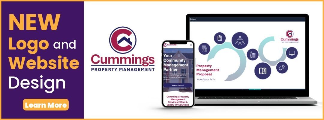 Banner for Cummings: “New Logo and Website Design” with laptop, phone, and website mockups on purple background
