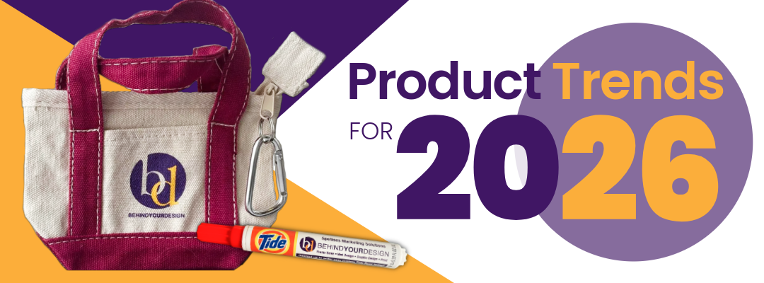 Product Trends for 2026 graphic with a purple bag and cosmetic items on a white background
