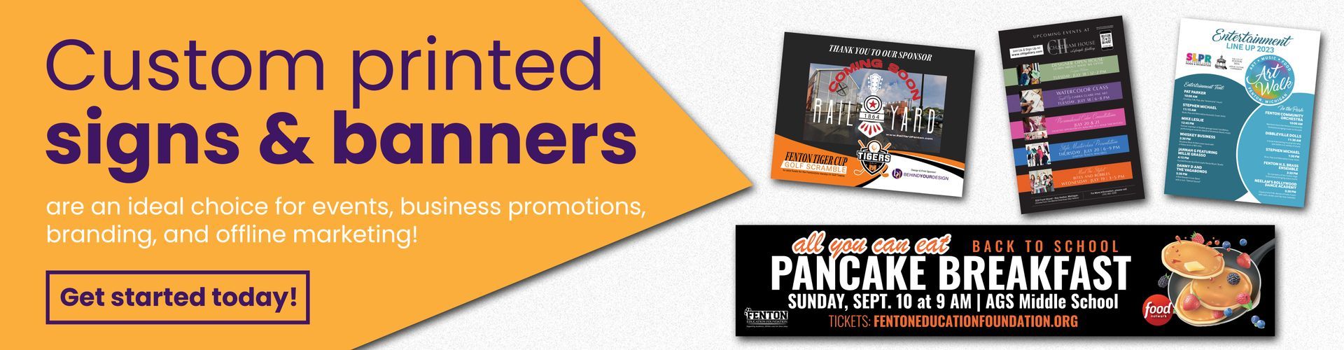 Banner ad for custom printed signs and banners with product samples and a “Get started today!” button