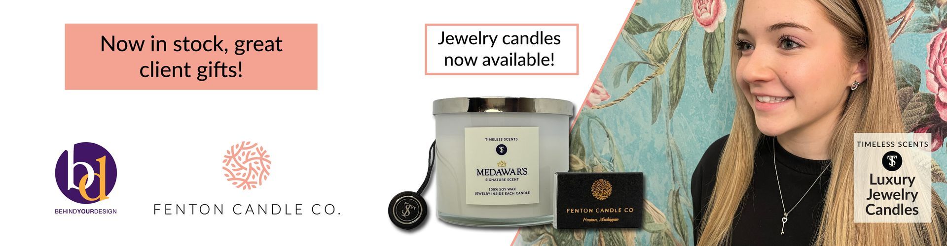 Beauty product ad with a smiling woman, black-and-gold packaging, and promo text on a white background
