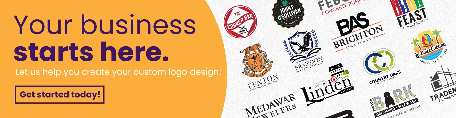 Orange website banner with “Your business starts here” and a “Get started today” button beside logo examples.