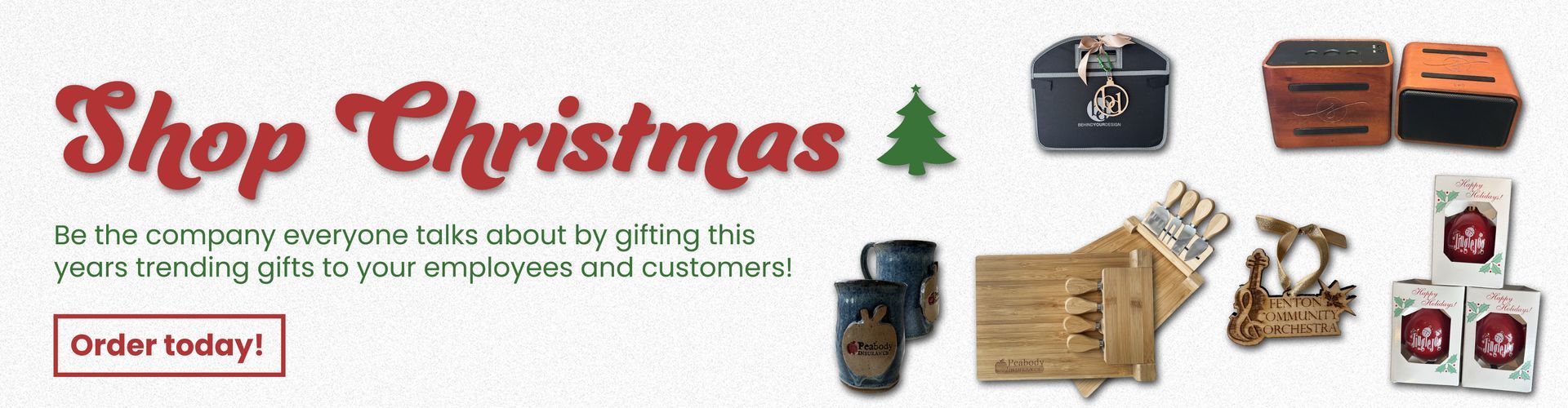 Christmas shopping banner with leather gifts, travel accessories, and an