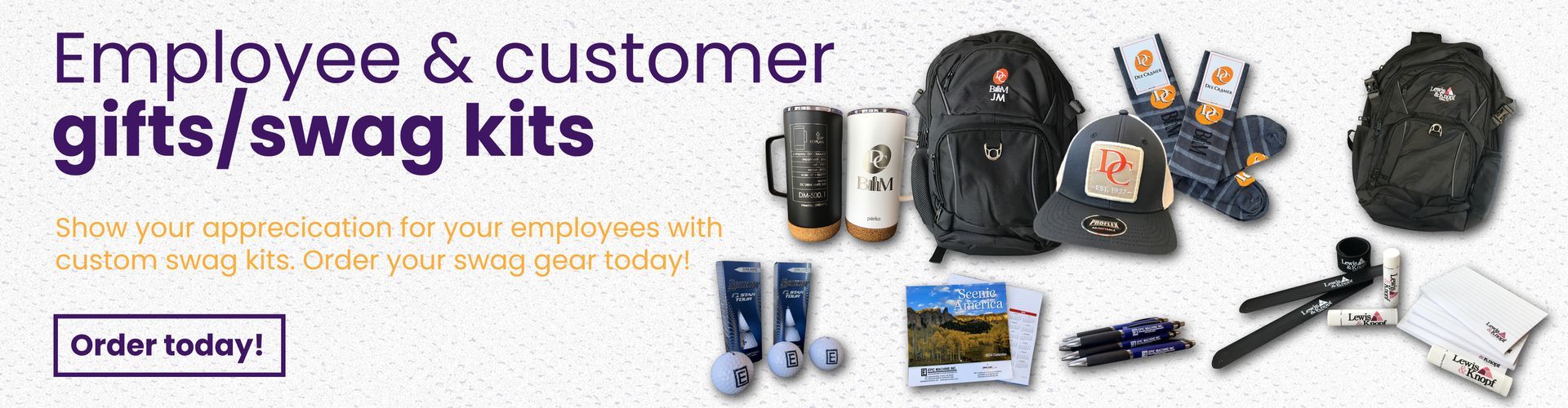Employee and customer gifts/swag kits ad with assorted branded items and