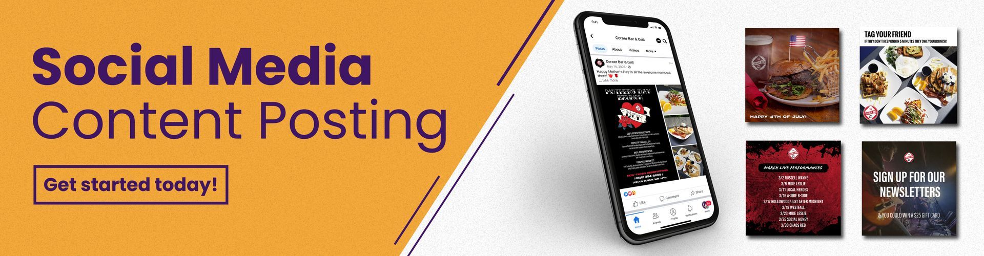 Social media content posting banner with smartphones, post thumbnails, and a yellow-orange gradient background