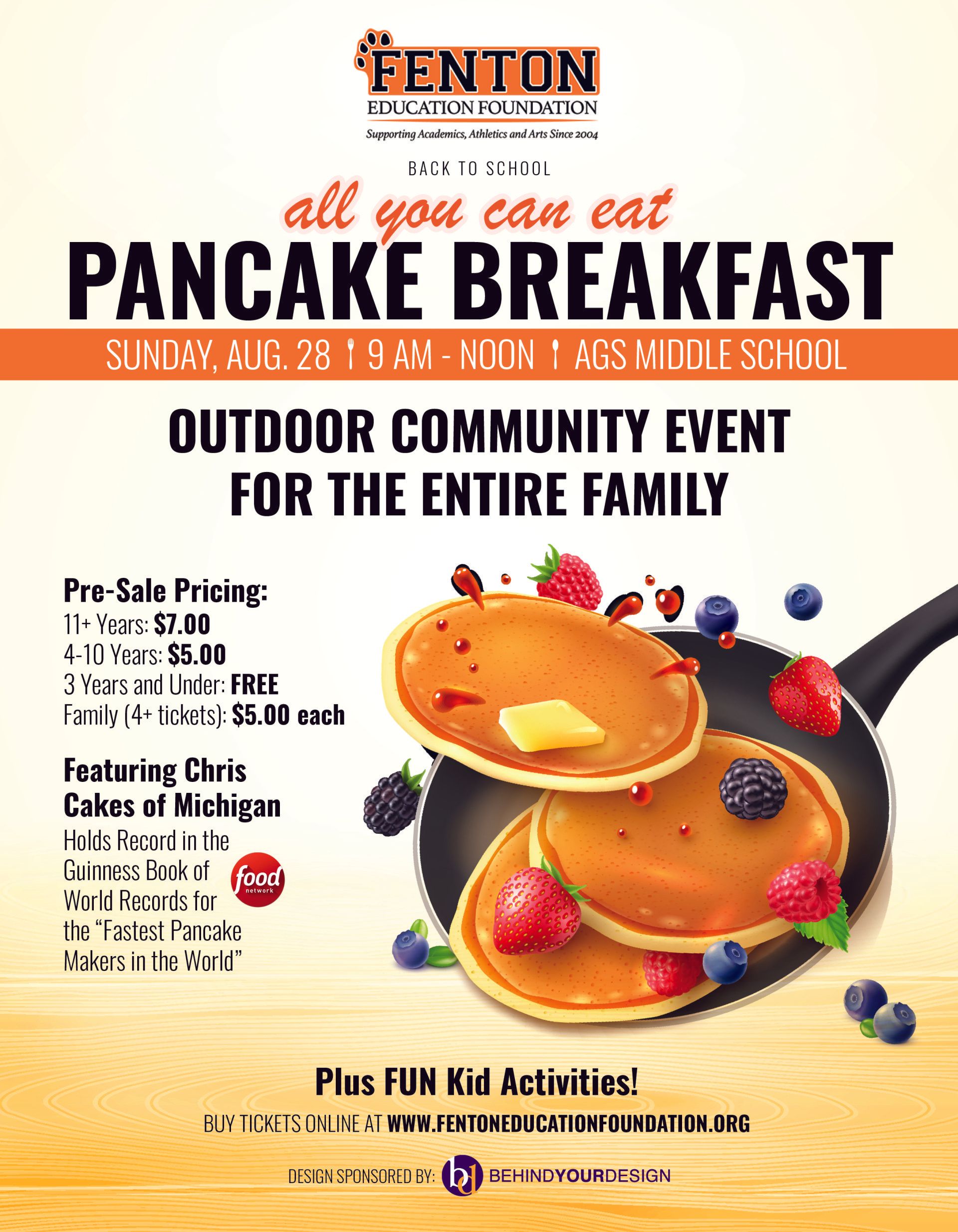 All-you-can-eat pancake breakfast fundraiser flyer with pancakes, berries, and syrup outdoors at sunrise