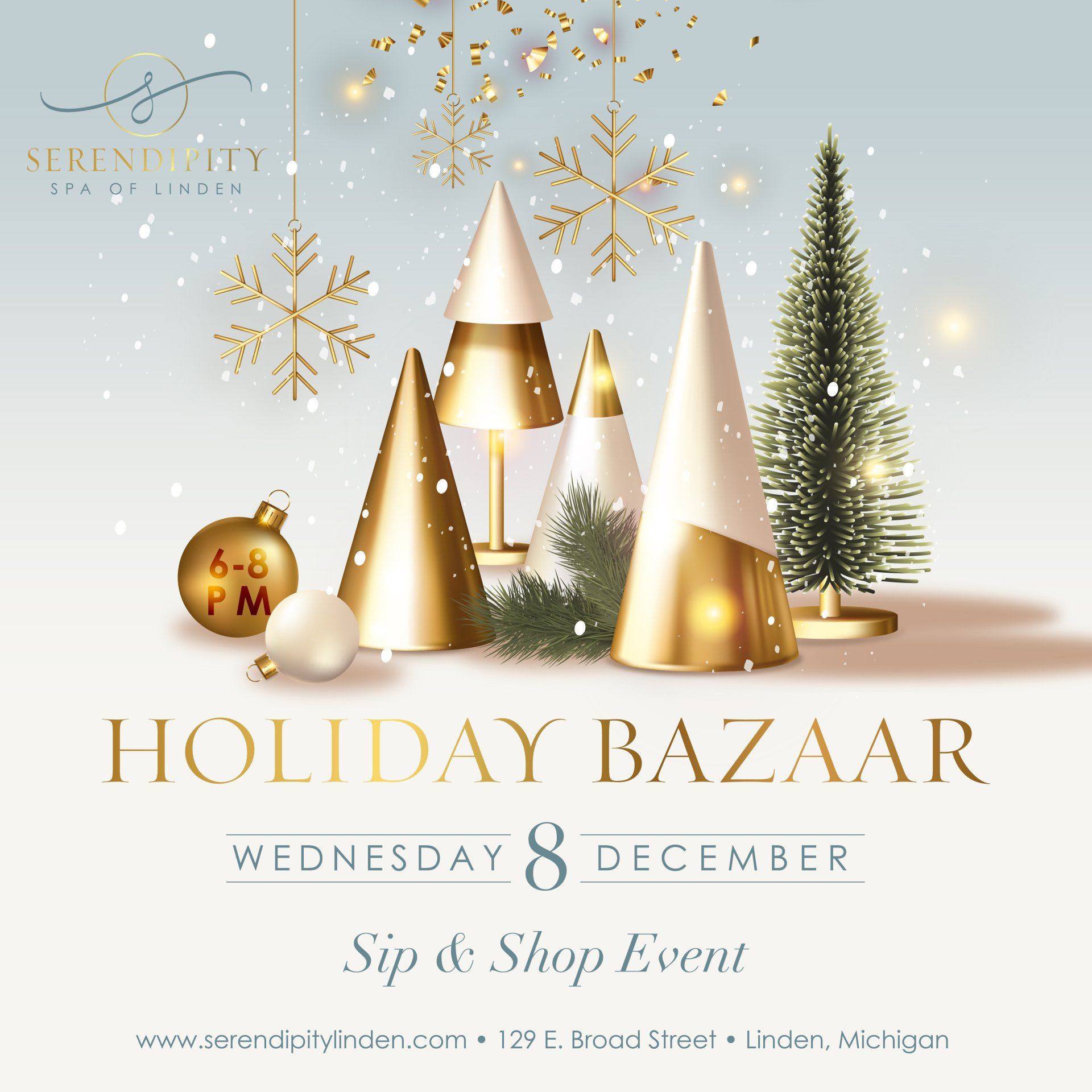 Holiday Bazaar event poster with gold trees, ornaments, and festive lights on a white background