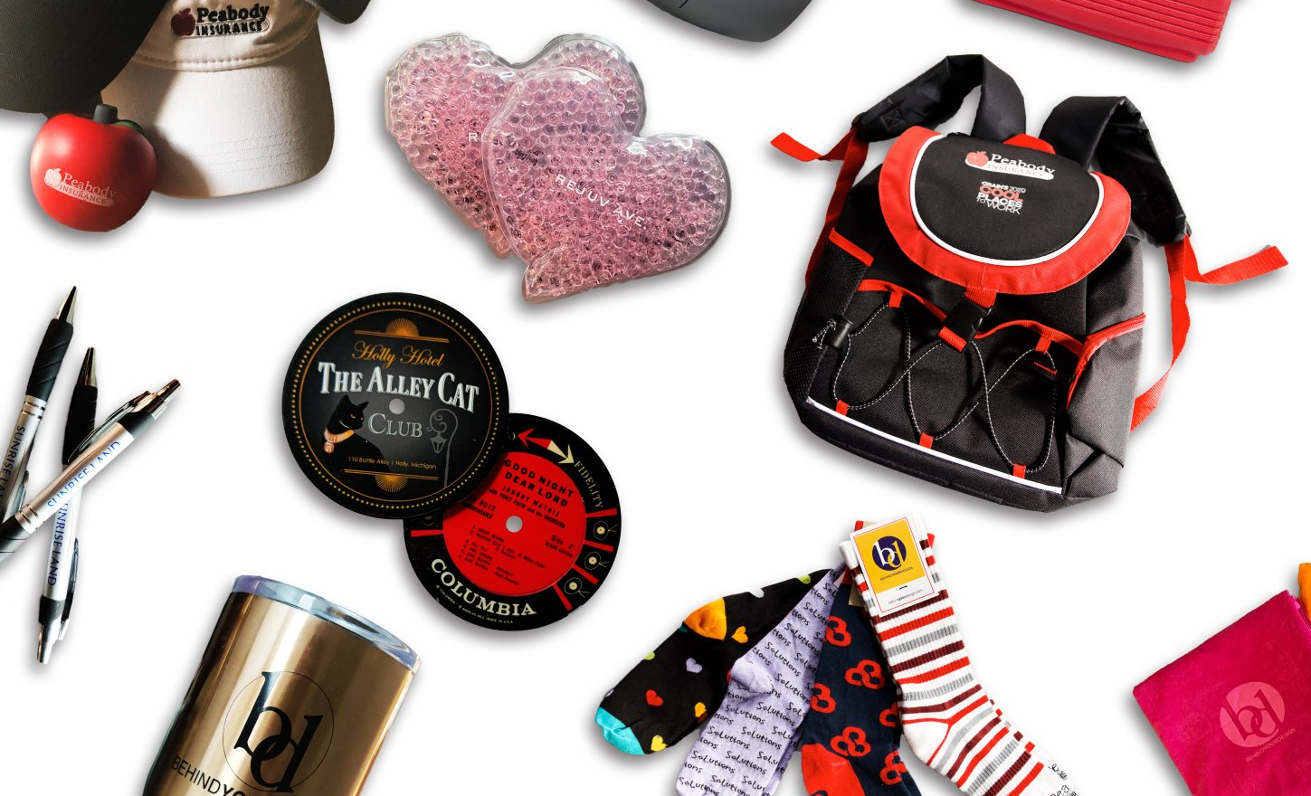 promotional items for your business including socks, coasters, mugs and coolers