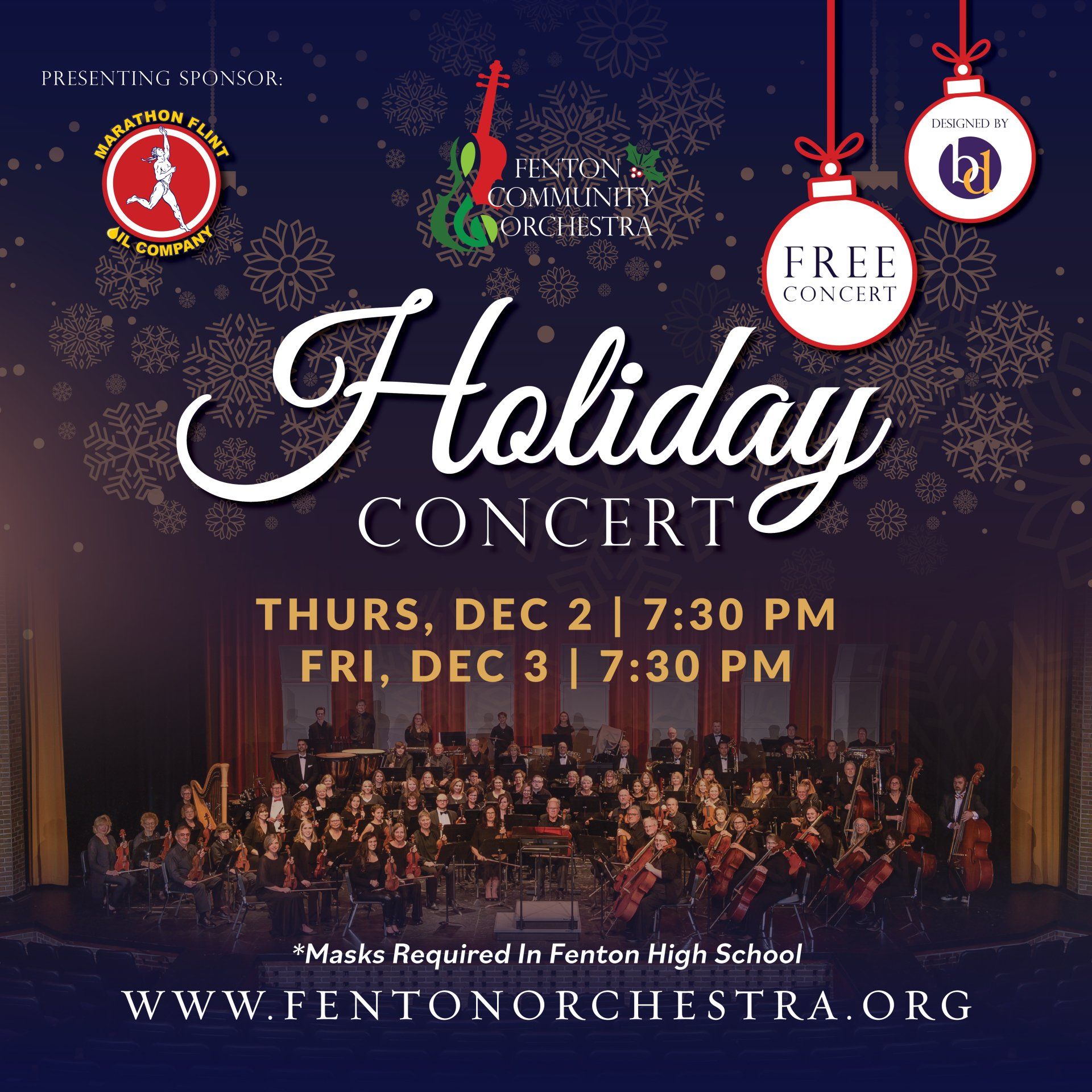 Holiday concert poster with orchestra, music notes, and dates Thu Dec 2 and Fri Dec 3 at 7:30 PM.