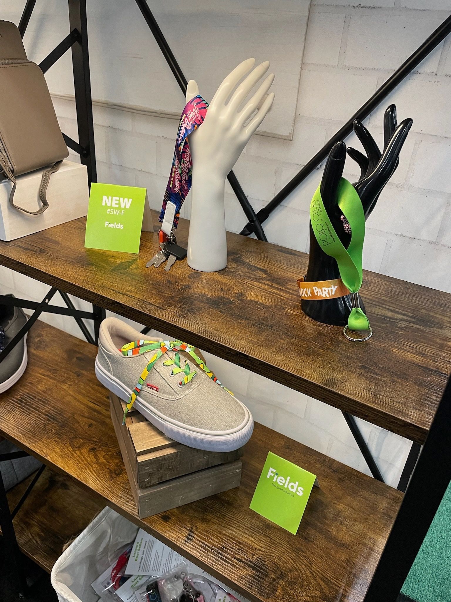 A shelf with a pair of shoes and gloves on it.