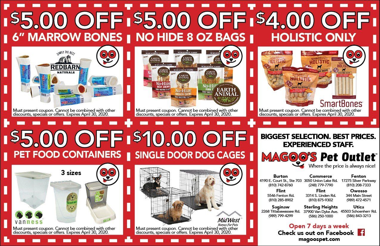 Red pet store coupon flyer with five discount offers for dog and pet products.