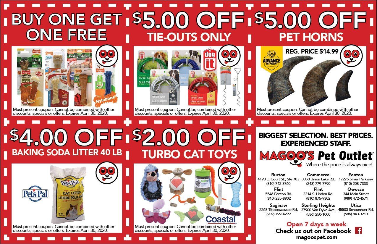 Red-and-white pet store sale flyer with coupons for buy-one-get-one free, $5 off, and $4/$2 deals on toys and bones