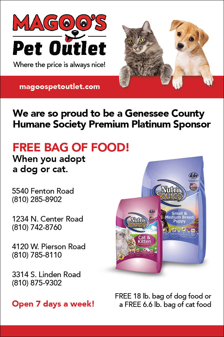 Magoo’s Pet Outlet flyer with dog and cat, free bag of food offer, store locations and rescue sponsor notice