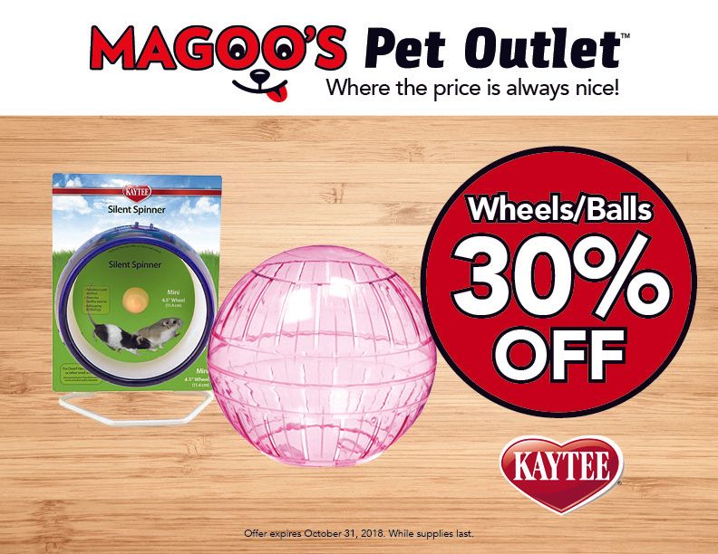 MAGOOS Pet Outlet ad for Kaytee wheels and balls, 30% off, with pet exercise ball and wheel products